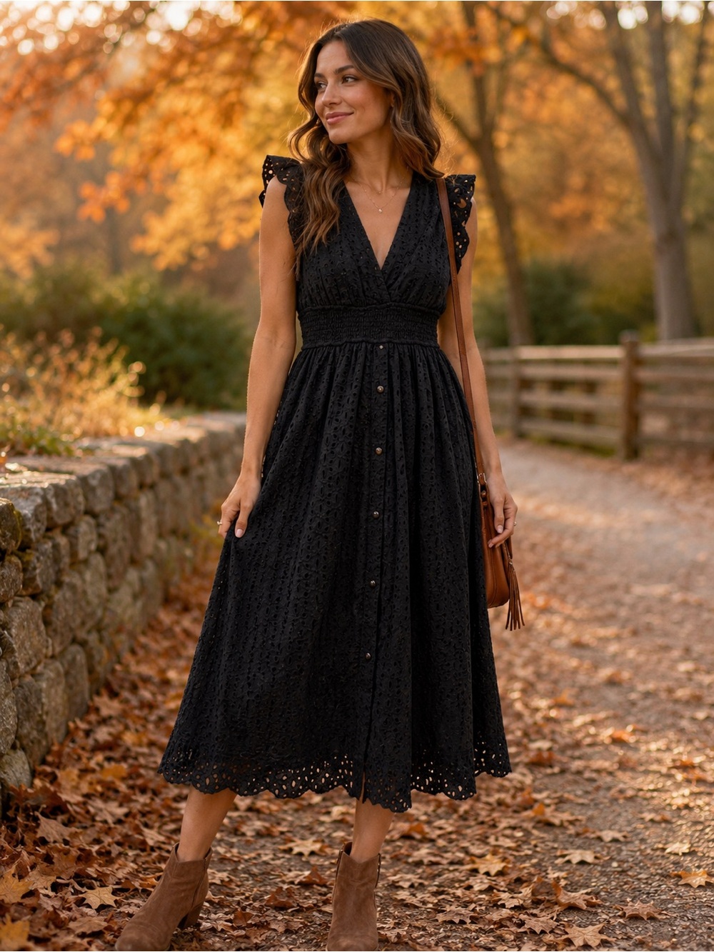 SHEIN Black Eyelet V-Neck Midi Dress with Smocked Waist